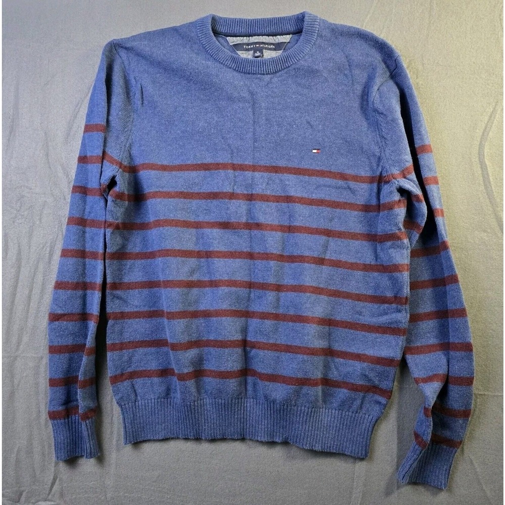 Tommy Hilfiger Sweater Mens XL Blue Burgundy Striped Crew Neck Knit Pullover